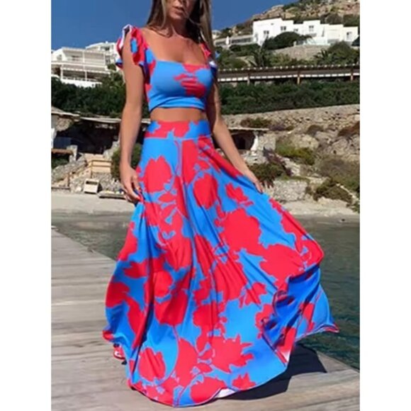 2 Piece Set Hawaiian Print Crop Top + High Waist Long Skirt Set Womens Size L - Picture 1 of 11
